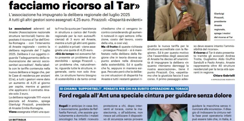 Delibera regione ER, disparità nei rimborsi alle strutture Anaste, Pirazzoli: inevitabile ricorso al TAR